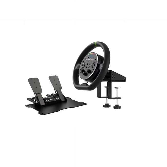 CAMMUS Racing Simulator C5 3IN1Set(педаль+колесная база+зажим стола), натуральные кожаные колесные покрытия + обратная связь с огромной силой, магнитные гребневилки, ПК-черный